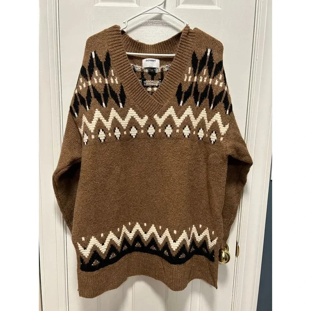 Women's‎ Fair Isle Oversized Sweater Large Old Navy Lagan Look Brown Winter